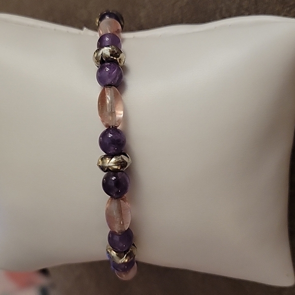 HANDMADE Amethyst Cherry Quartz Metal Beaded Toggle Bangle Bracelet - Picture 2 of 6